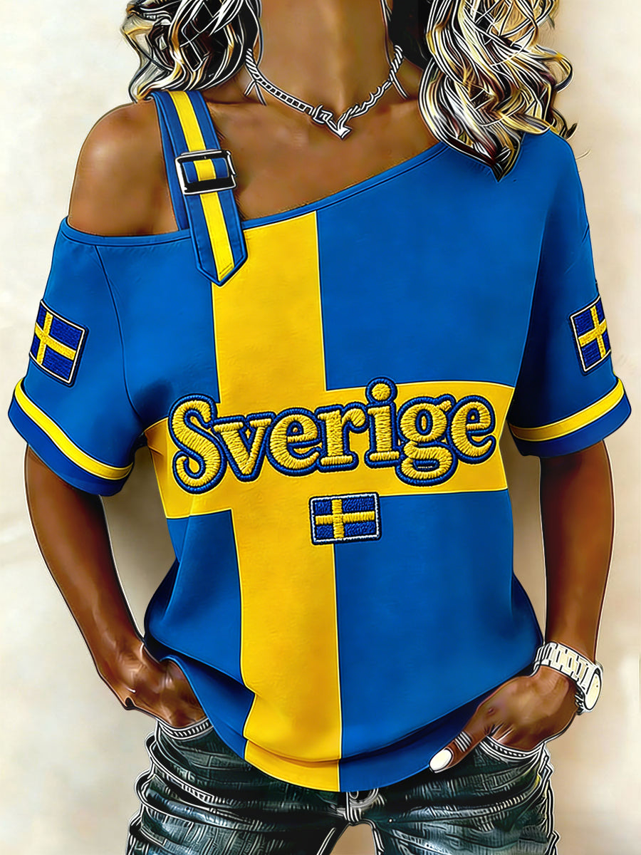Women's Retro Swedish Football 2026 Relaxed Off-Shoulder Top