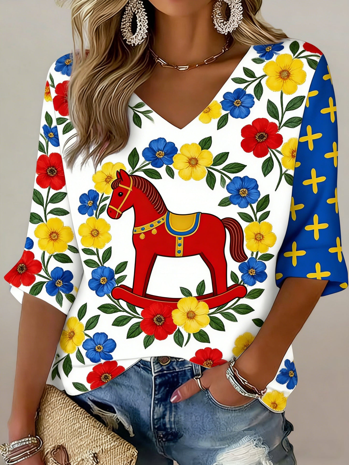 Ladies Swedish Midsummer Party Souvenir Dala Horse Printed V-Neck T-Shirt