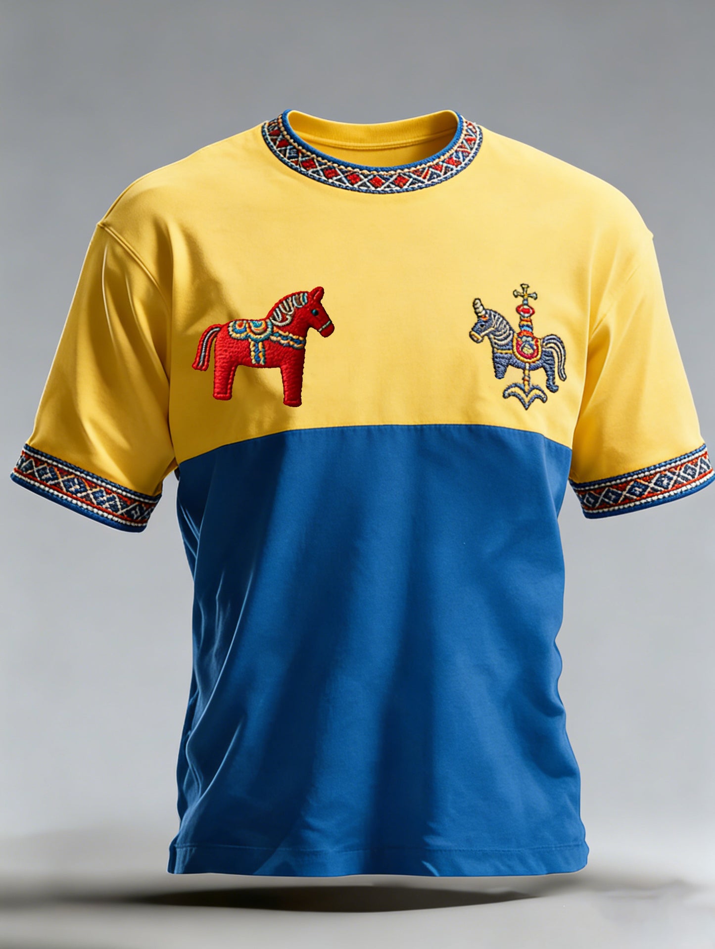 Men's V-neck sweater, Swedish Midsummer greeting, Dalecarlian horse design, and soccer print