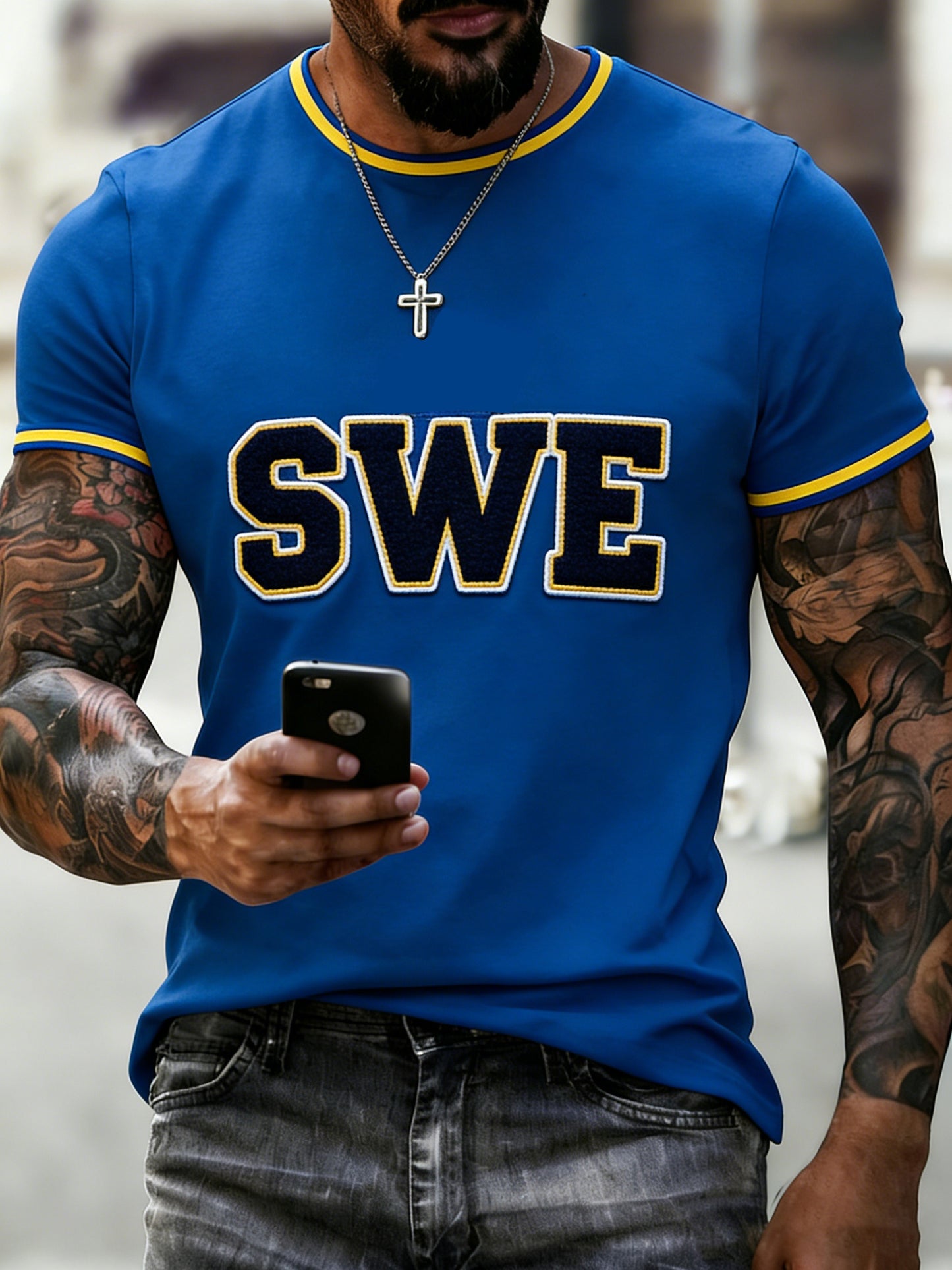 Men's V-neck sweater, Swedish Midsummer greeting, Dalecarlian horse motif, and football print