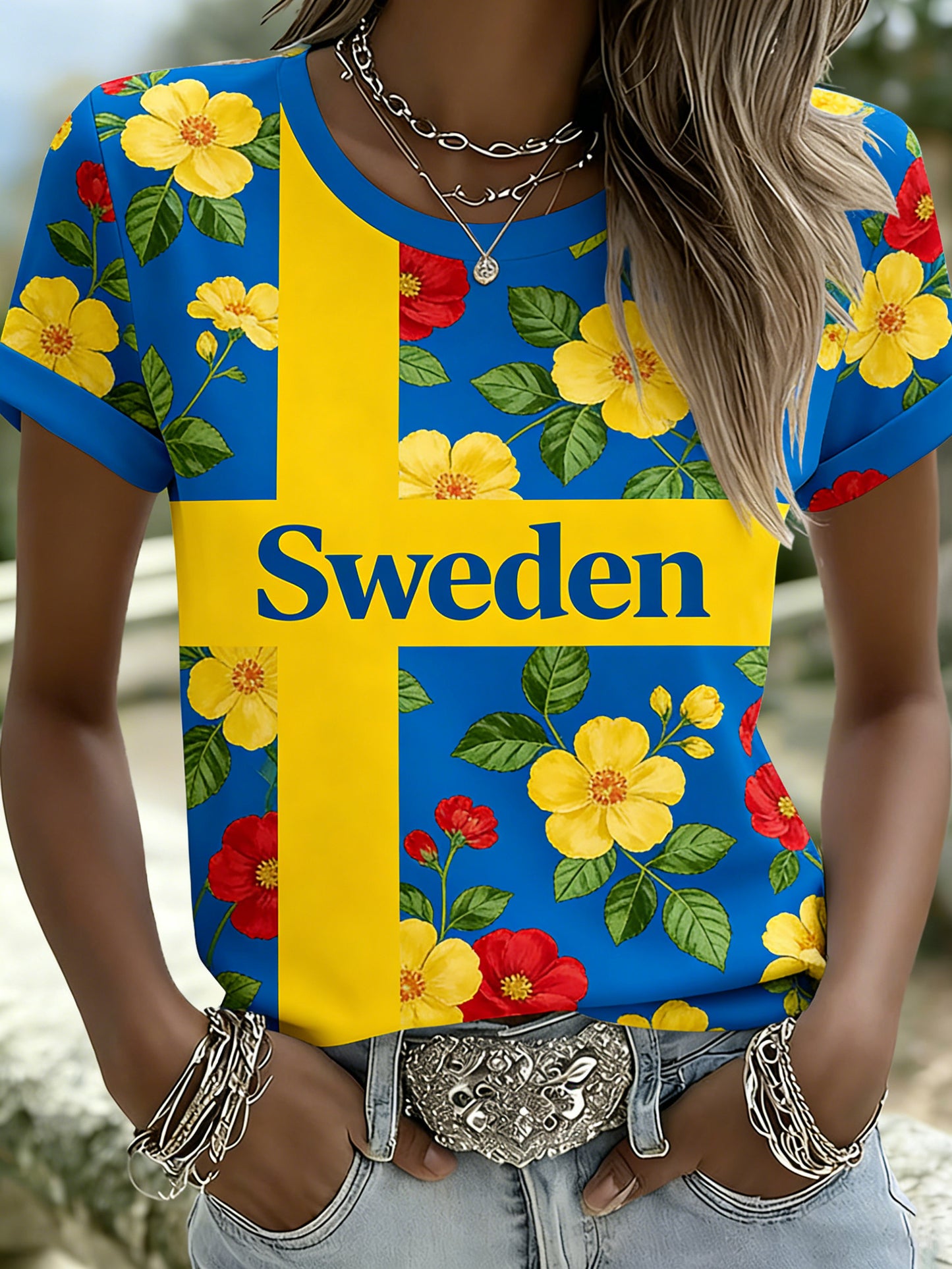 Damer svensk fotboll fankonst print t-shirt med korta ärmarna