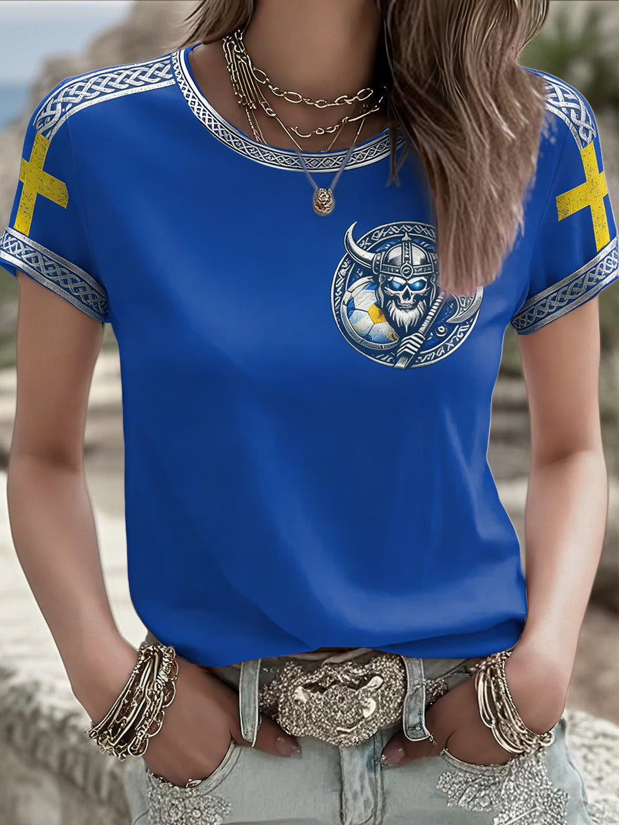 Women's Sweden Viking Style Football Lover Printed T-shirt