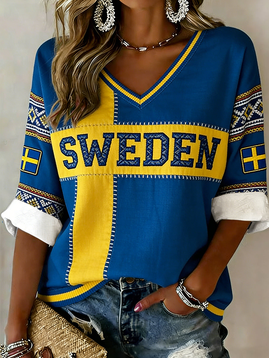 Women's shirt with ethnic pattern, embroidered and V-neck