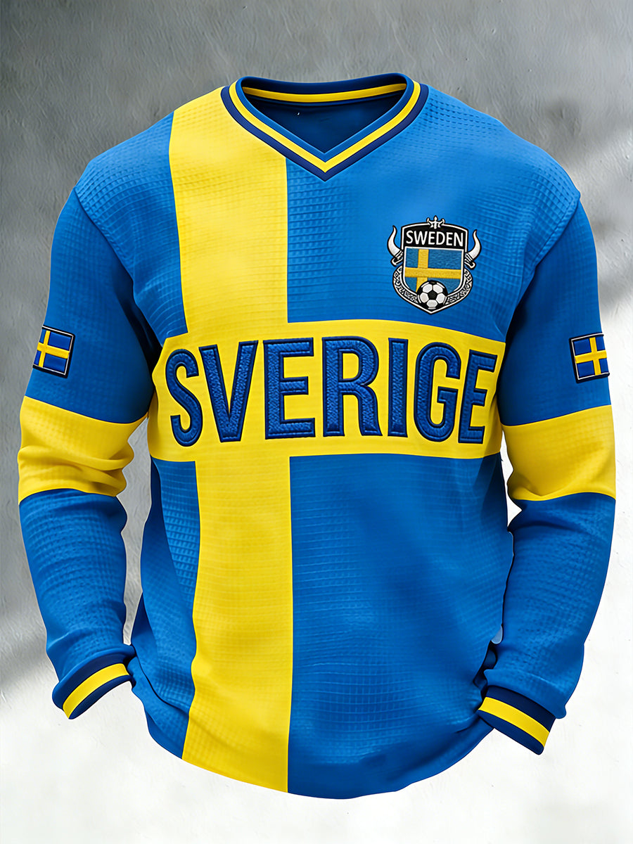 Men's waffle-knit football top with colour block design, V-neck and long sleeves