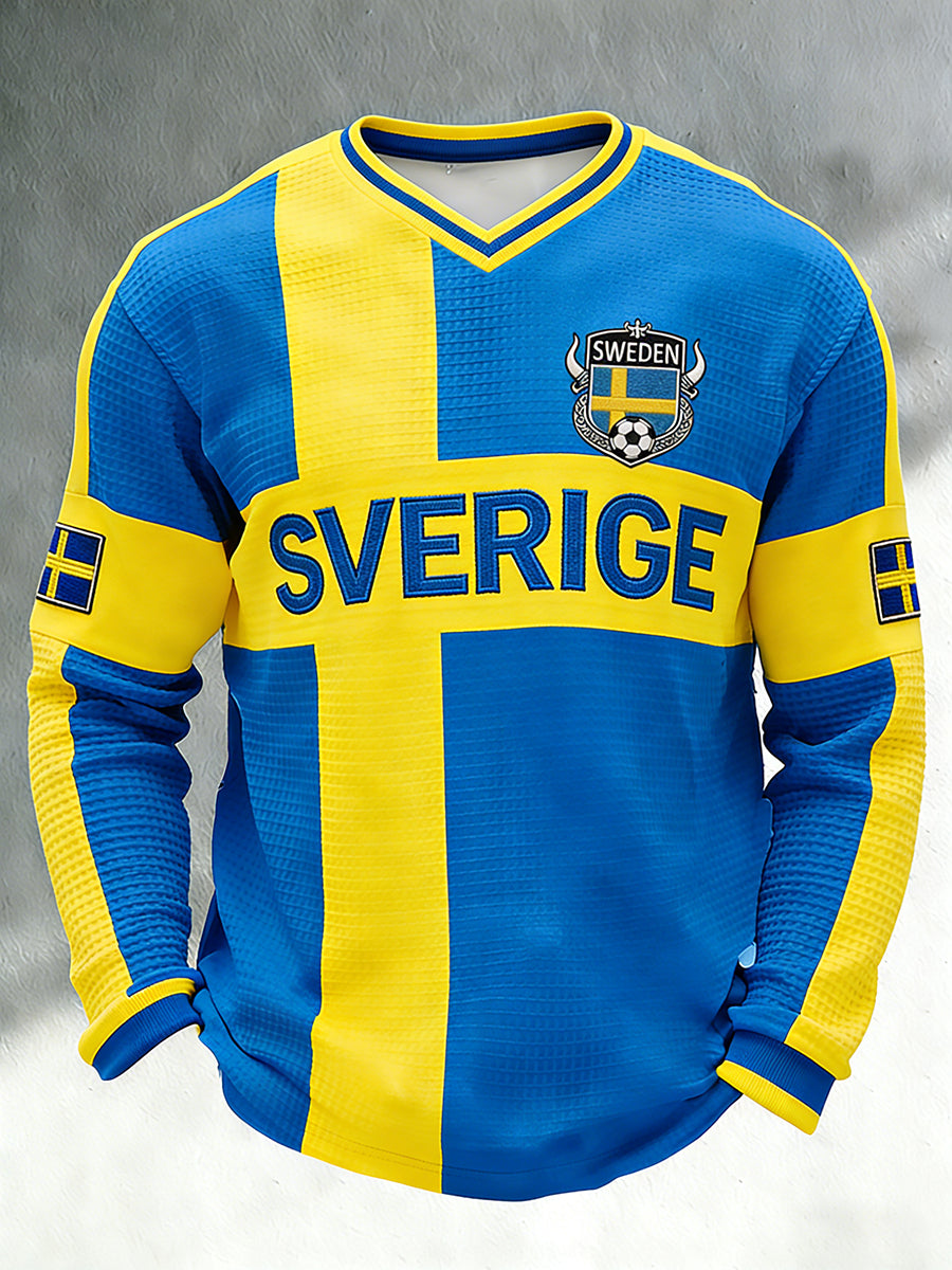 Men's waffle-knit football top with colour block design, V-neck and long sleeves