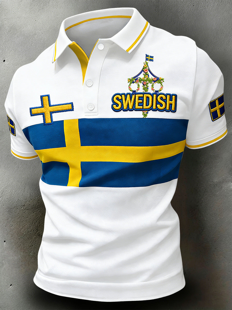 Retro svensk midsommar-patchwork avslappnad polotröja