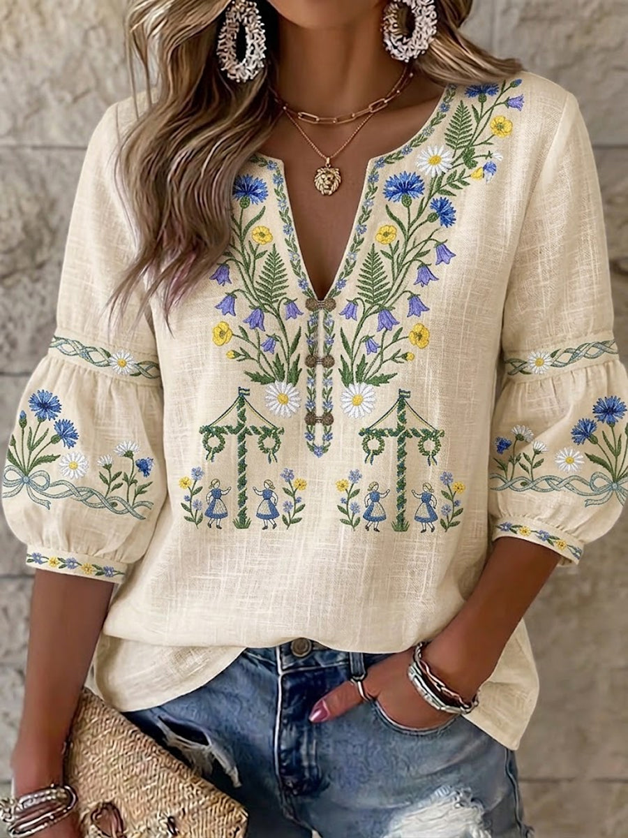Women's vintage Swedish Midsummer blouse in cotton-linen with floral pattern