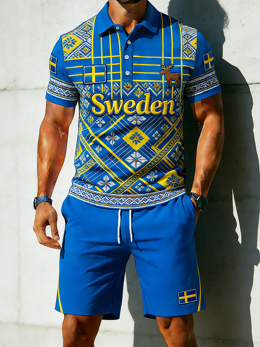 Herrset med kortärmad polo och shorts, med brodyr och kontrastdetaljer
