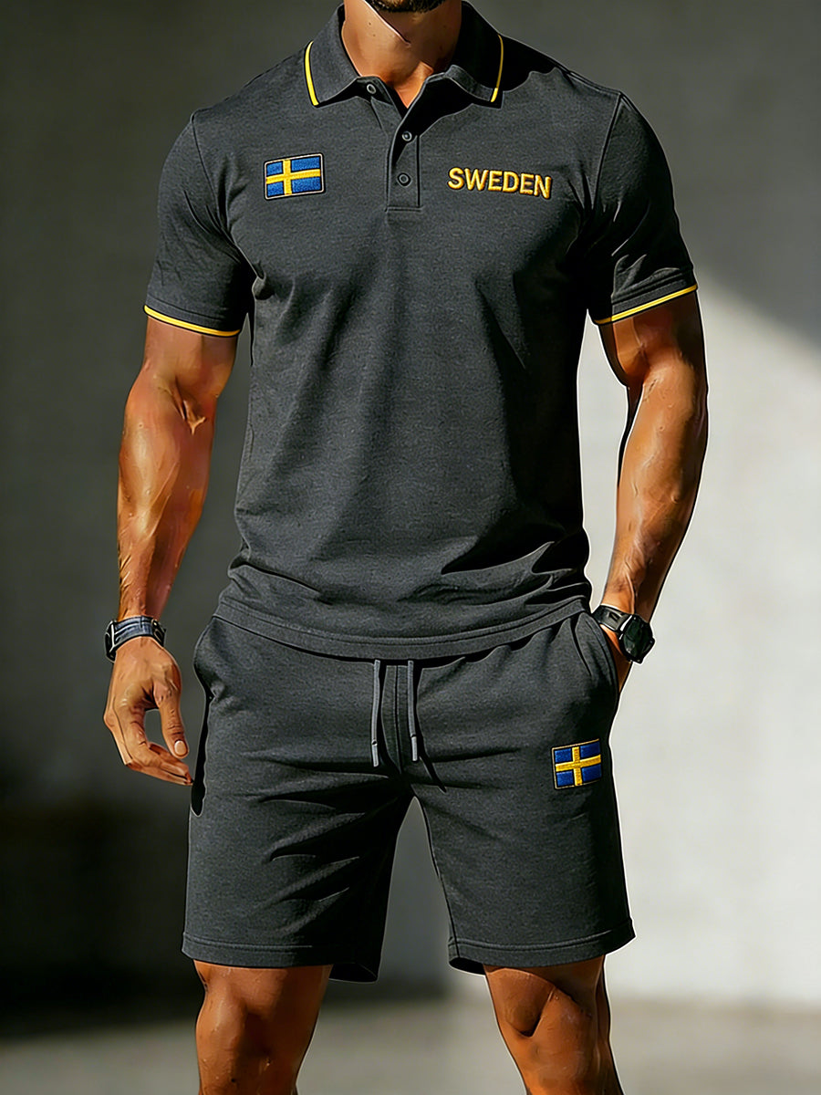 Herrset med kortärmad polo och shorts med broderade blommotiv