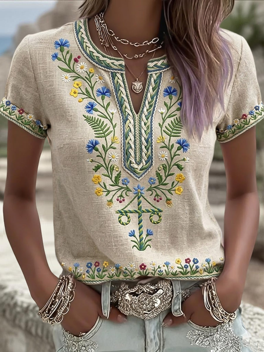 Women's Retro Swedish Midsummer Wreath Artistic Lightly Dressed V-Neck T-Shirt