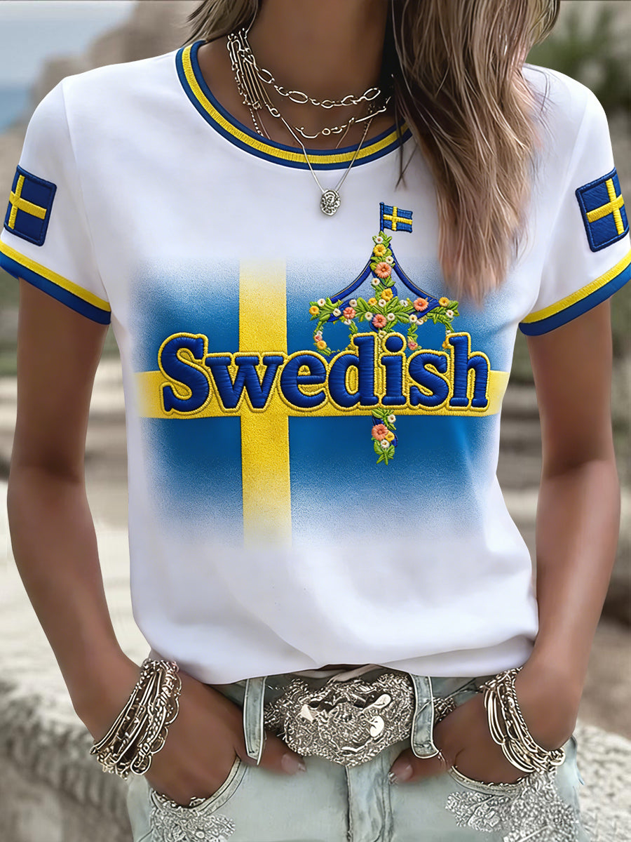 Dams retro svensk midsommarblommig patchwork-löpare casual t-shirt