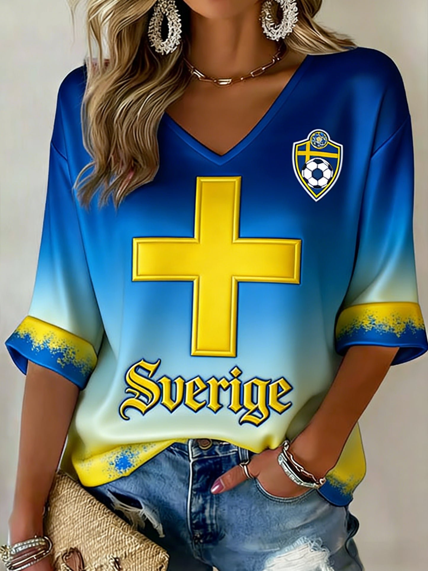 Damer Retro Svensk Fotbollsflagga Mönstrad Avslappnad T-shirt