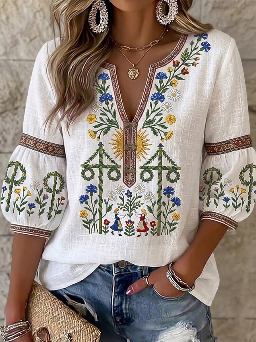 Women's asymmetrical V-neck casual T-shirt, inspired by midsummer