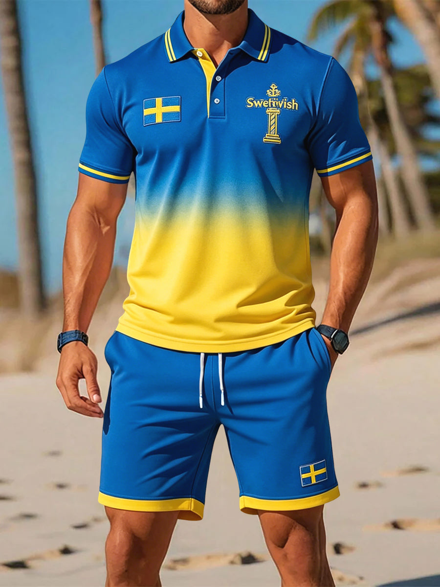 Men's set with retro-inspired polo shorts in Swedish Midsummer colors – relaxed style