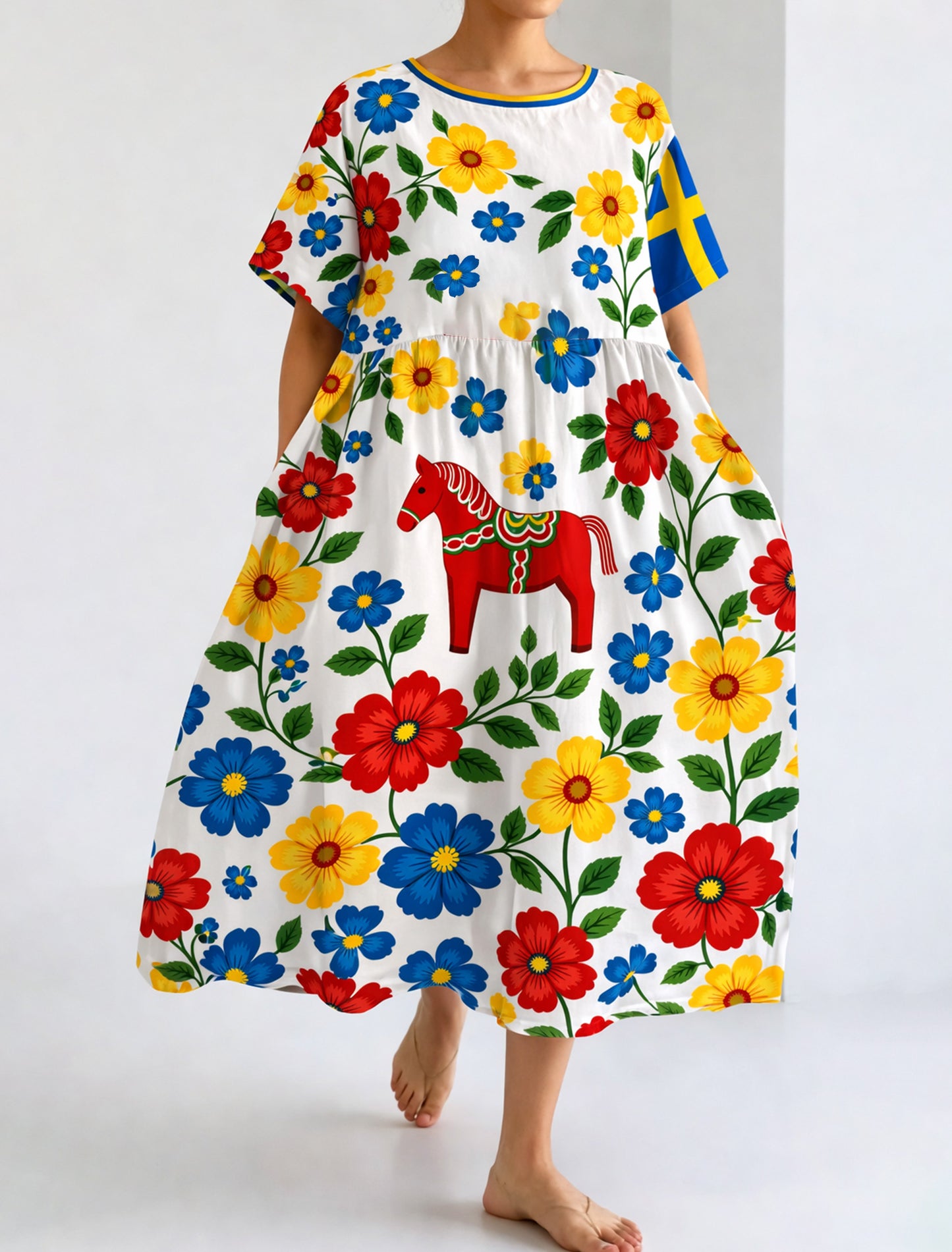 Damer Svensk midsommarfest minneskonsttryck lång klänning