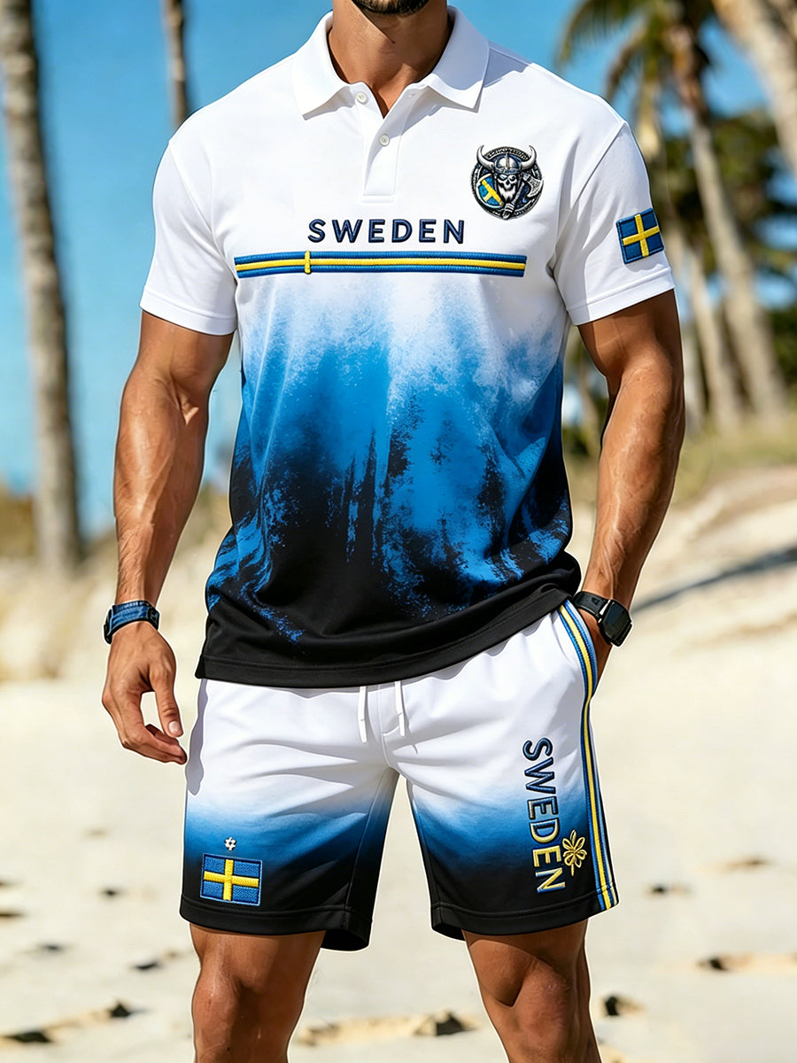 Retro Swedish art style print relaxed polo and shorts set