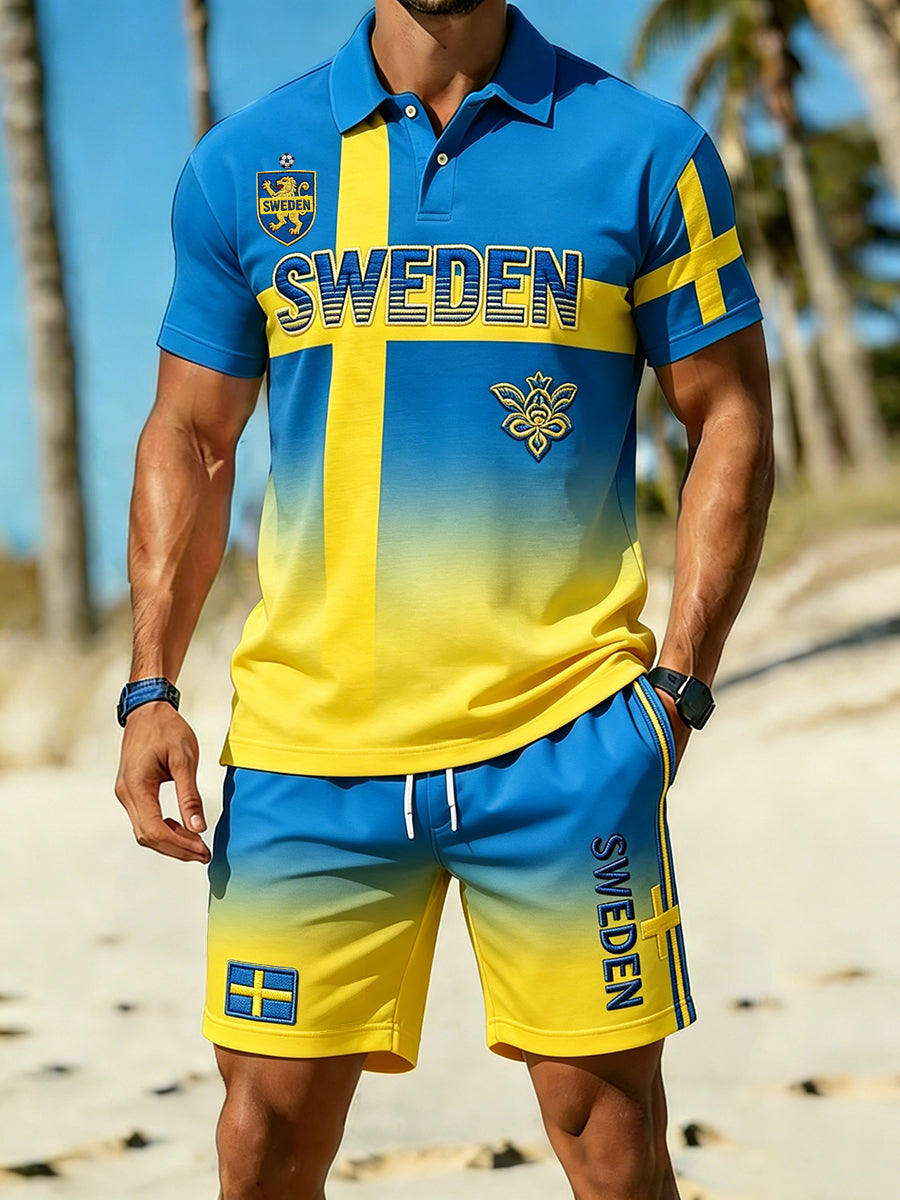 Retro svensk konststiltryck avslappnat polo- och shortsset