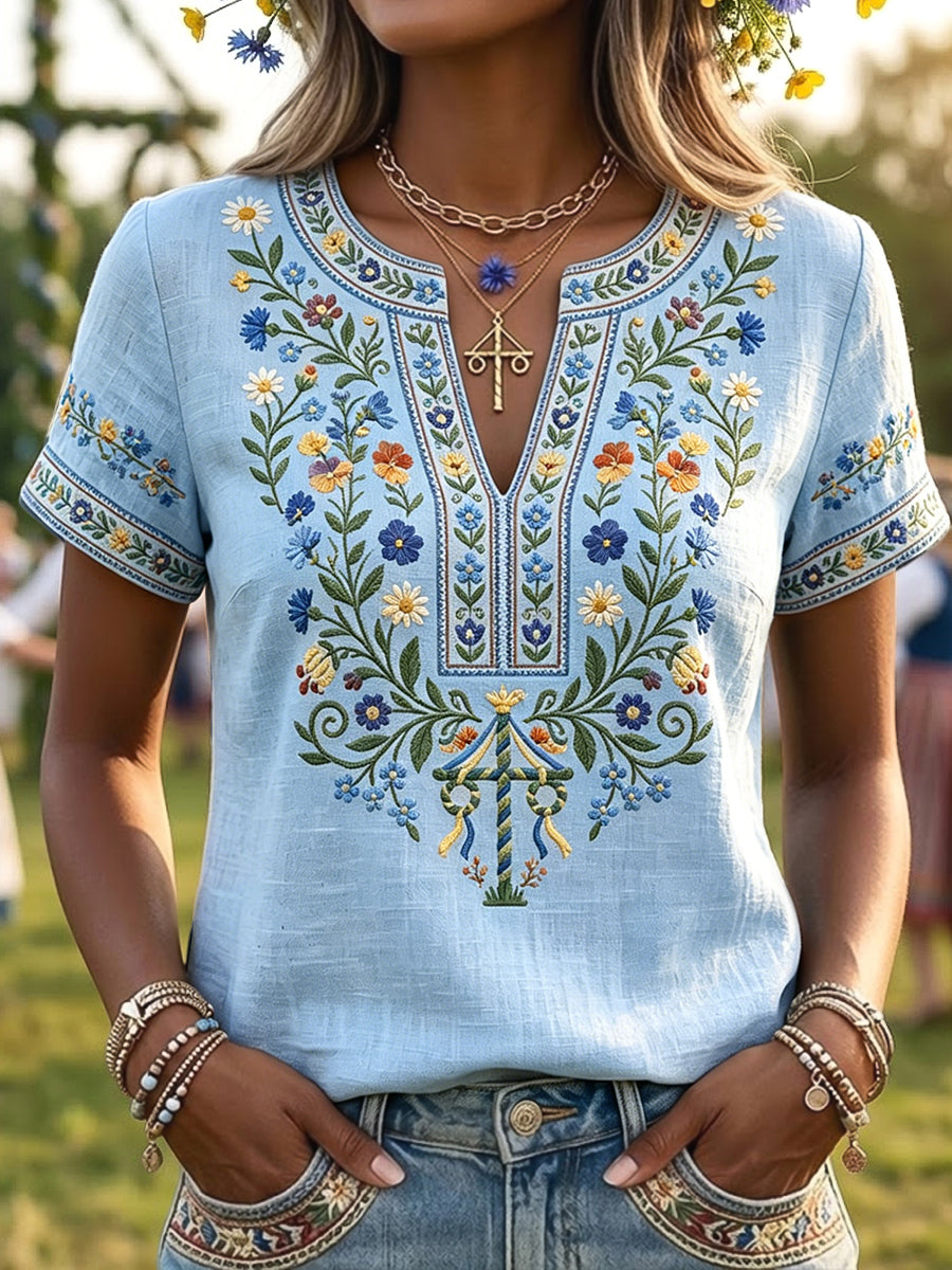 Women's Retro Art Swedish Midsummer Pole Flowers V-Neck T-Shirt