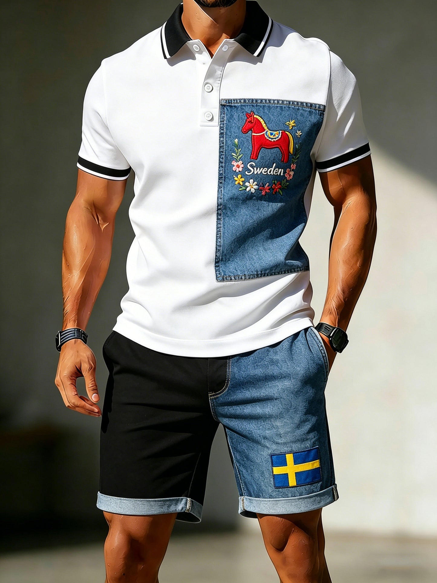 Herrpolotröja med konsttryck till minne av den svenska midsommarfesten
