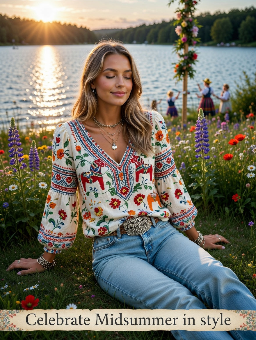 Women's Midsummer Ethnic Pattern Casual V-Neck Puff Sleeve Top