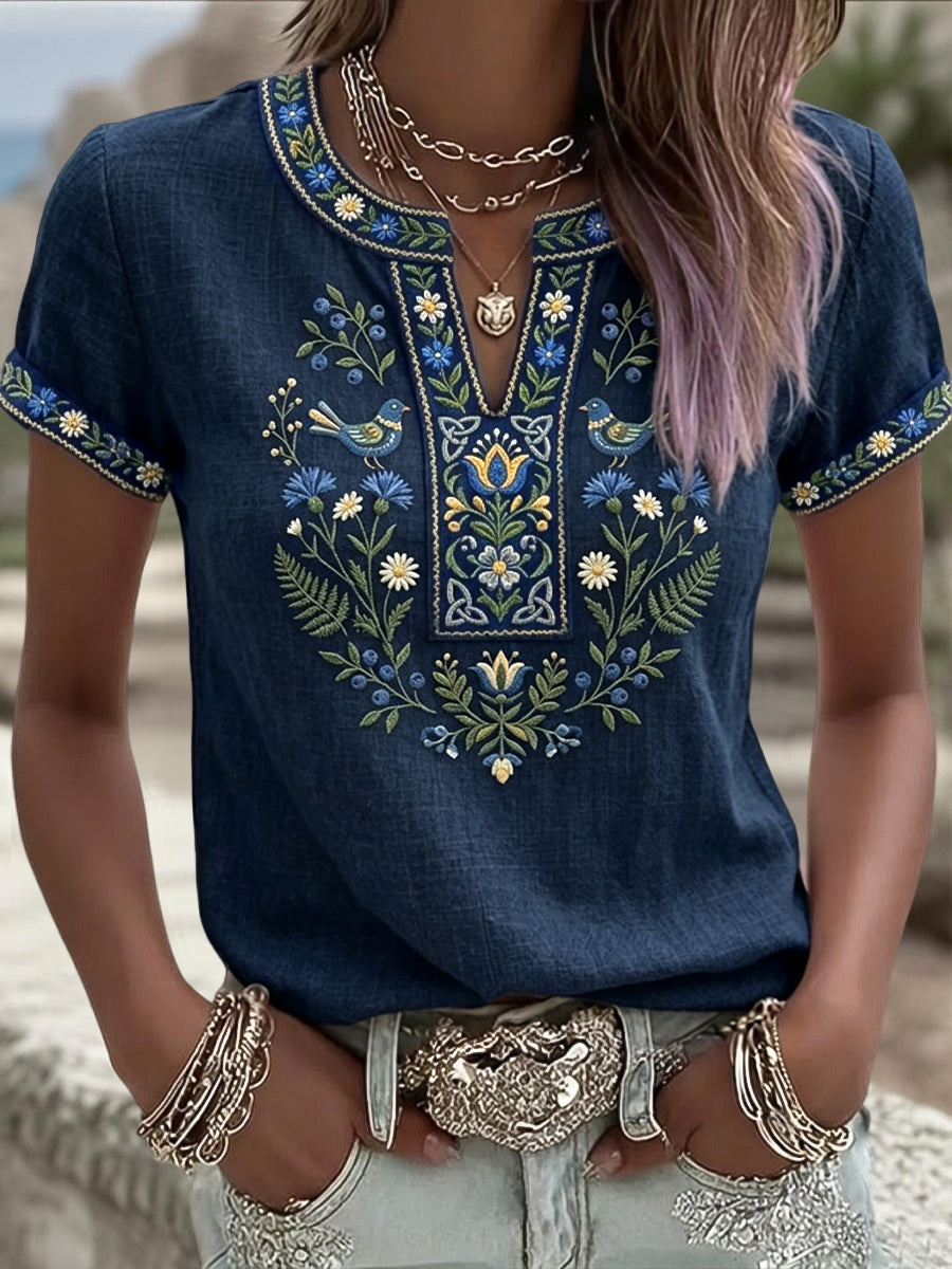 Women's retro art Swedish Midsummer ethnic floral print V-neck t-shirt