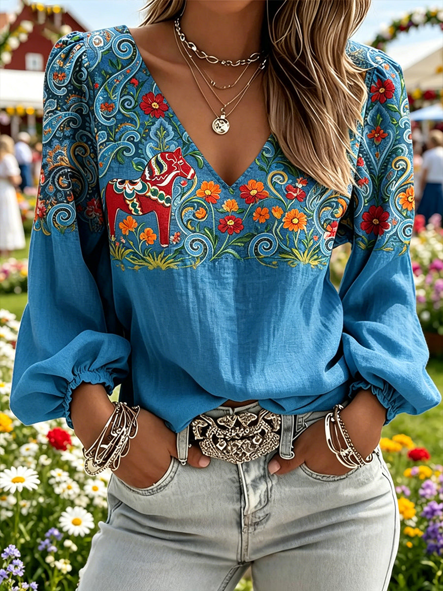 Women's Midsummer Ethnic Pattern Casual V-Neck Puff Sleeve Top