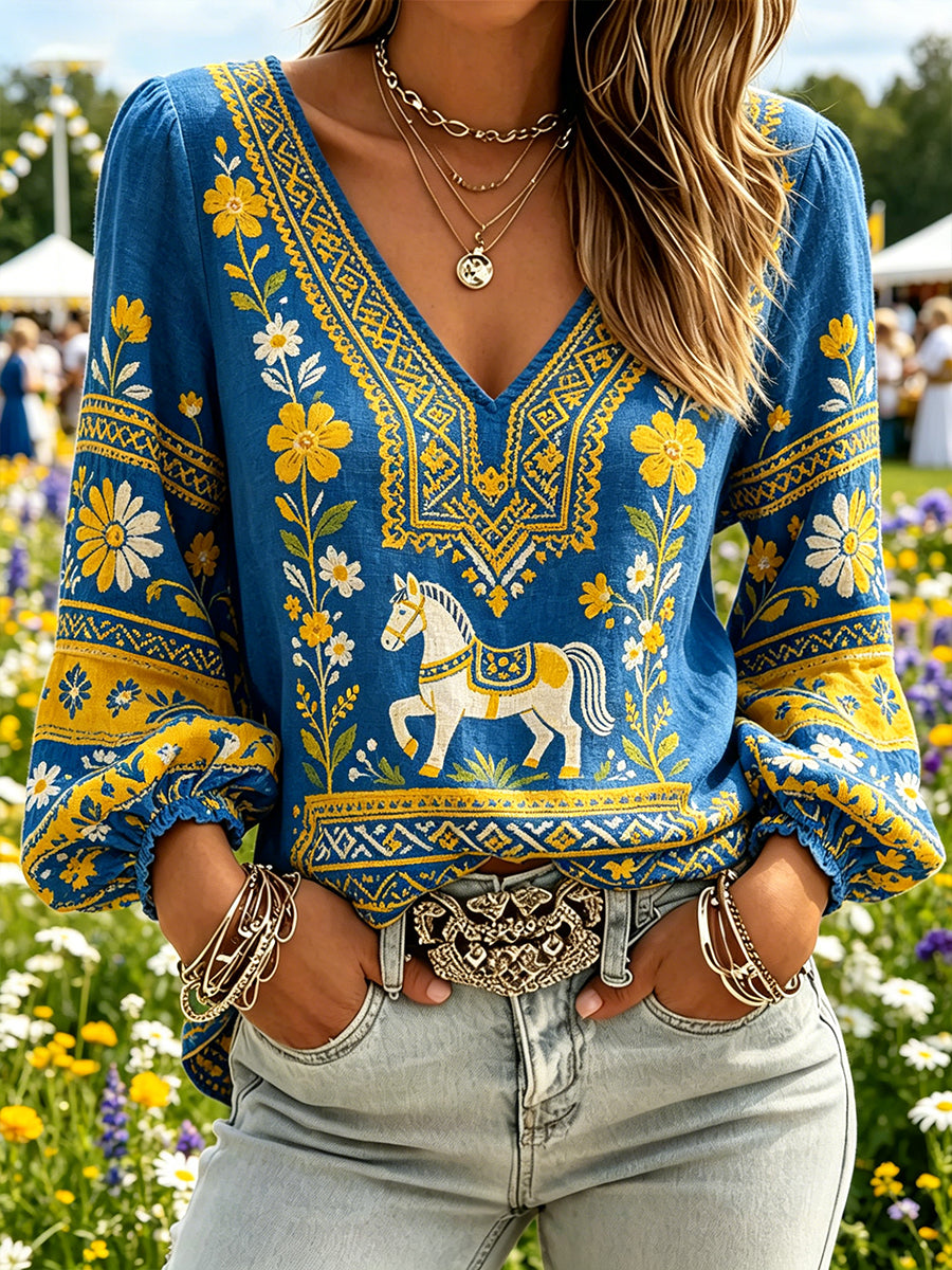 Women's Midsummer Festival Ethnic Country Style Printed V-Neck Puff Sleeve Top