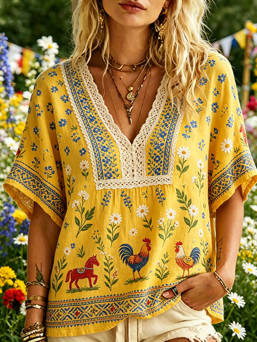 Women's casual V-neck shirt with Midsummer print