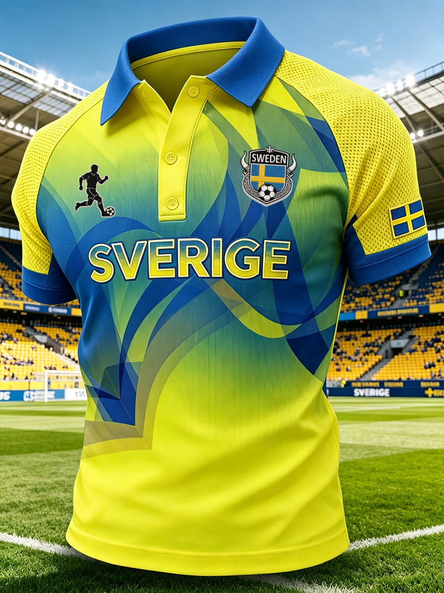 Men's polo shirt in a sporty style with raglan sleeves and football elements
