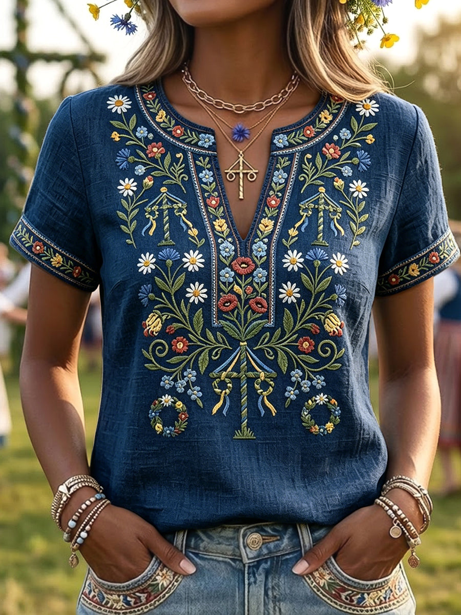 Women's Vintage Swedish Midsummer Wreath Art V-Neck T-Shirt