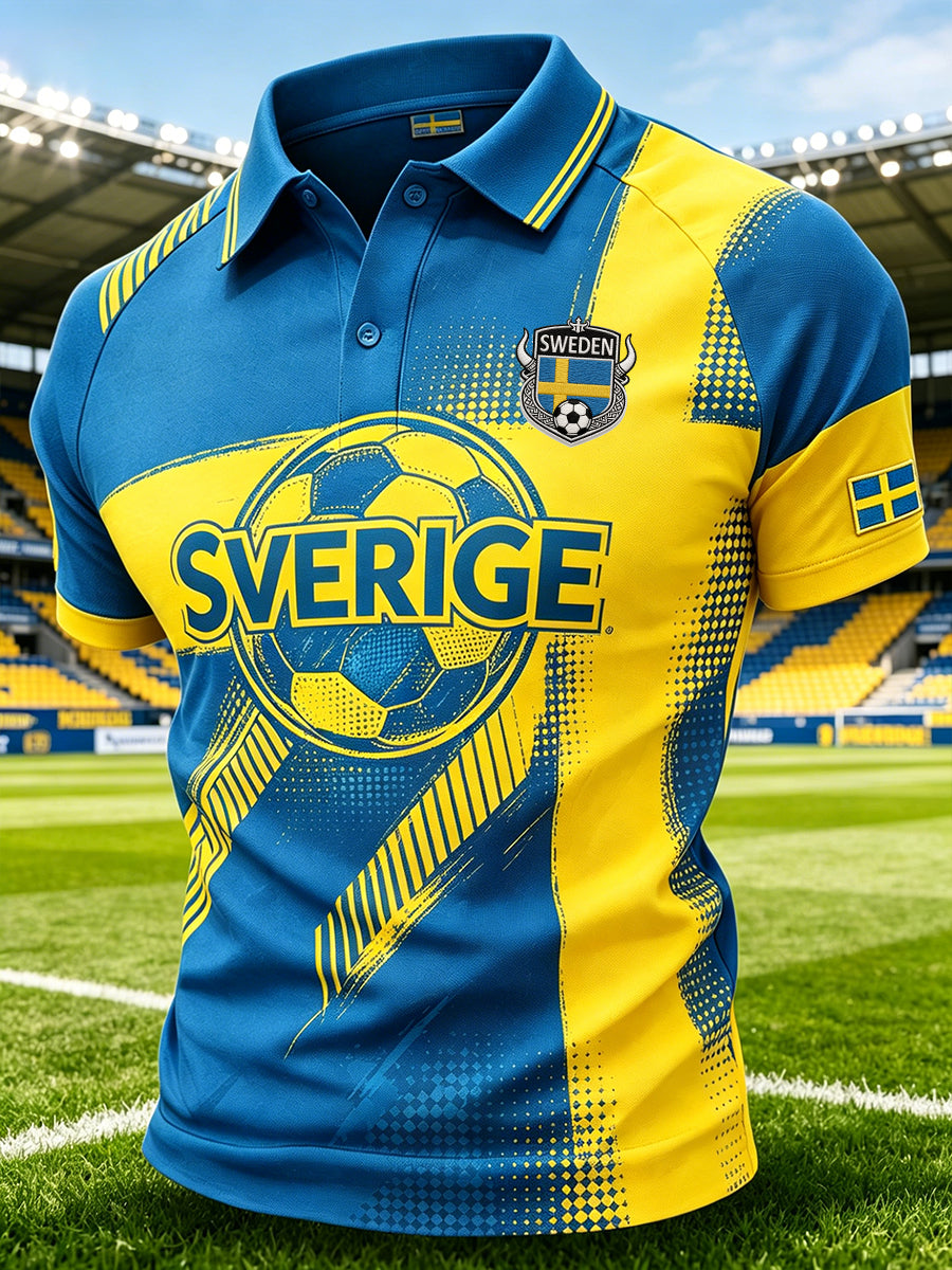 Men's polo shirt in a sporty style with raglan sleeves and football elements