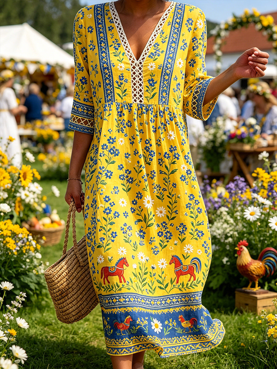 Women's midsummer style V-neck top with an ethnic pattern