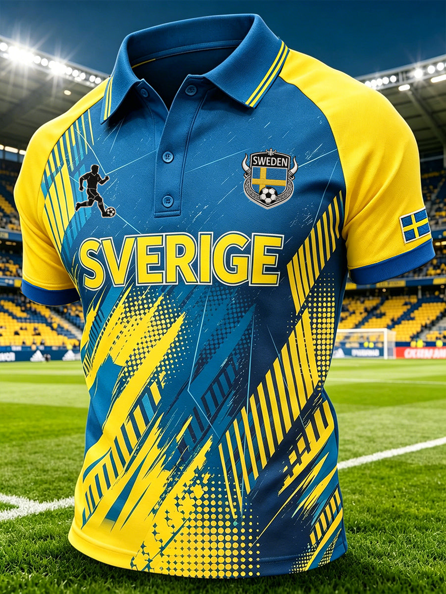 Herrpolotröja i sportig stil med raglanärm och fotbollselement