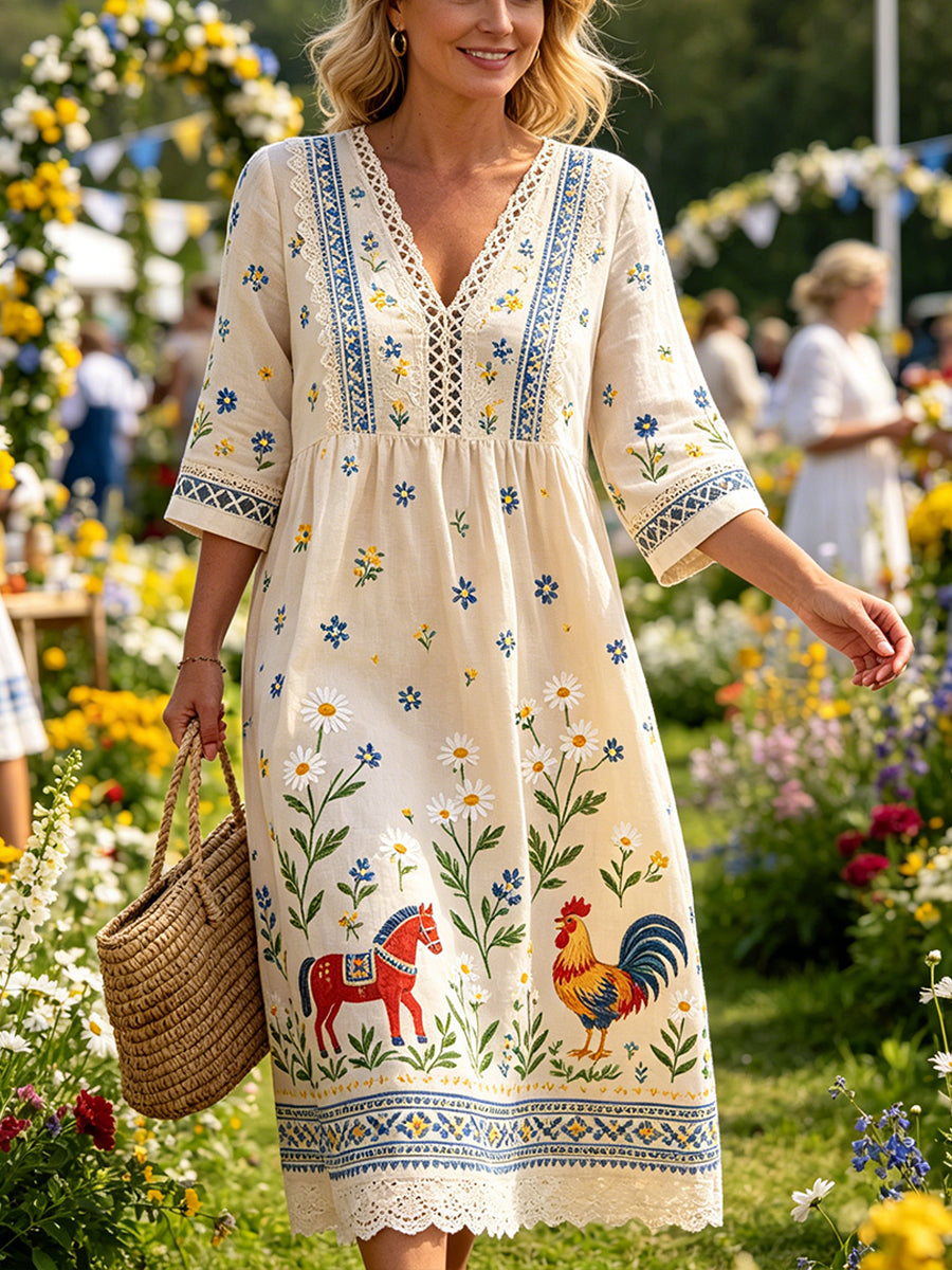 Women's casual dress with a Midsummer party print