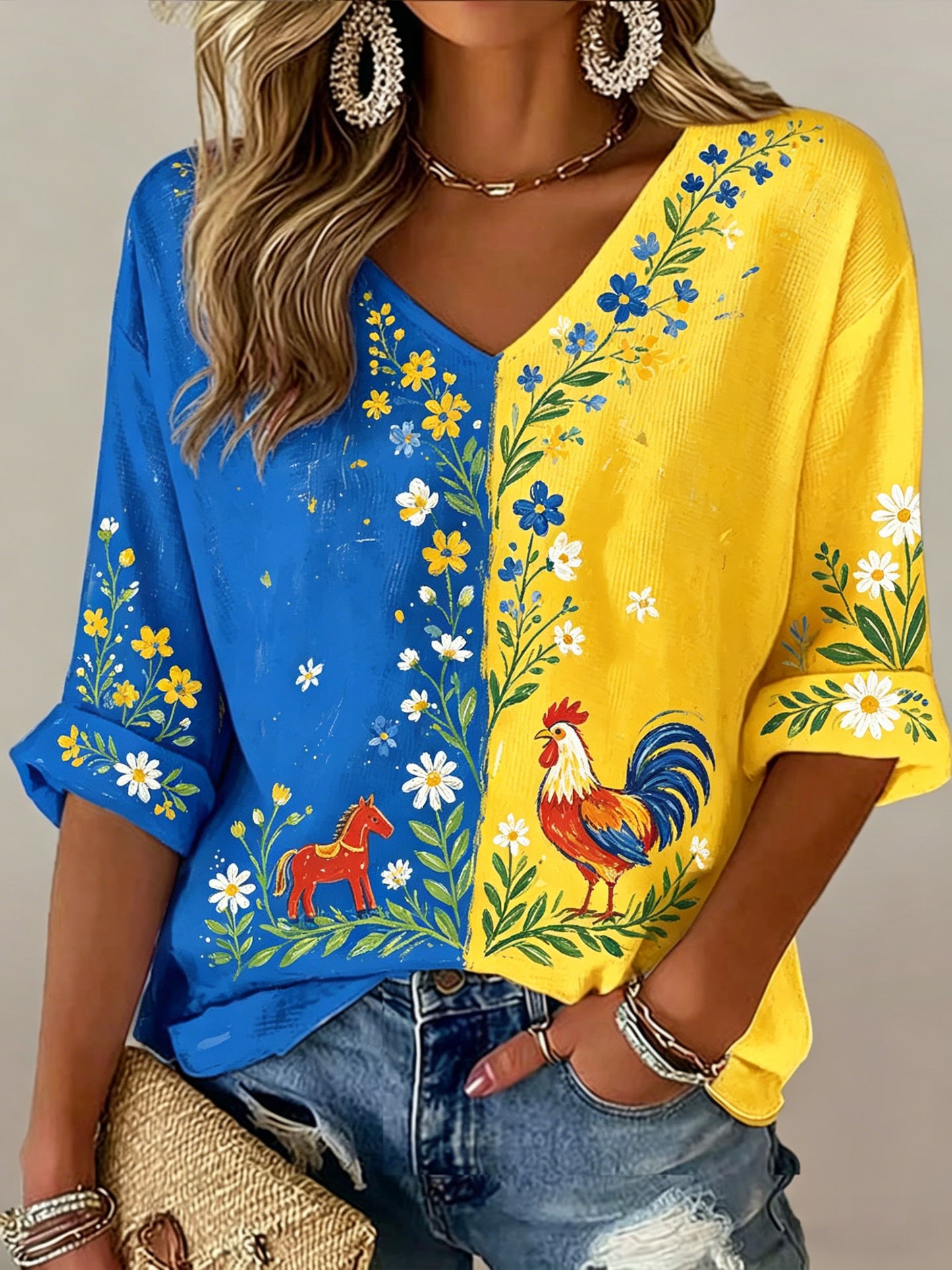 Damer Svensk midsommarfest minnesartprint T-shirt med V-ringning