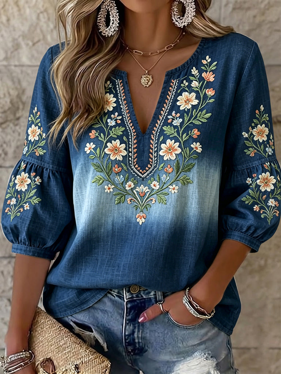 Women's Retro-Art Swedish Midsummer Floral V-Notch Top