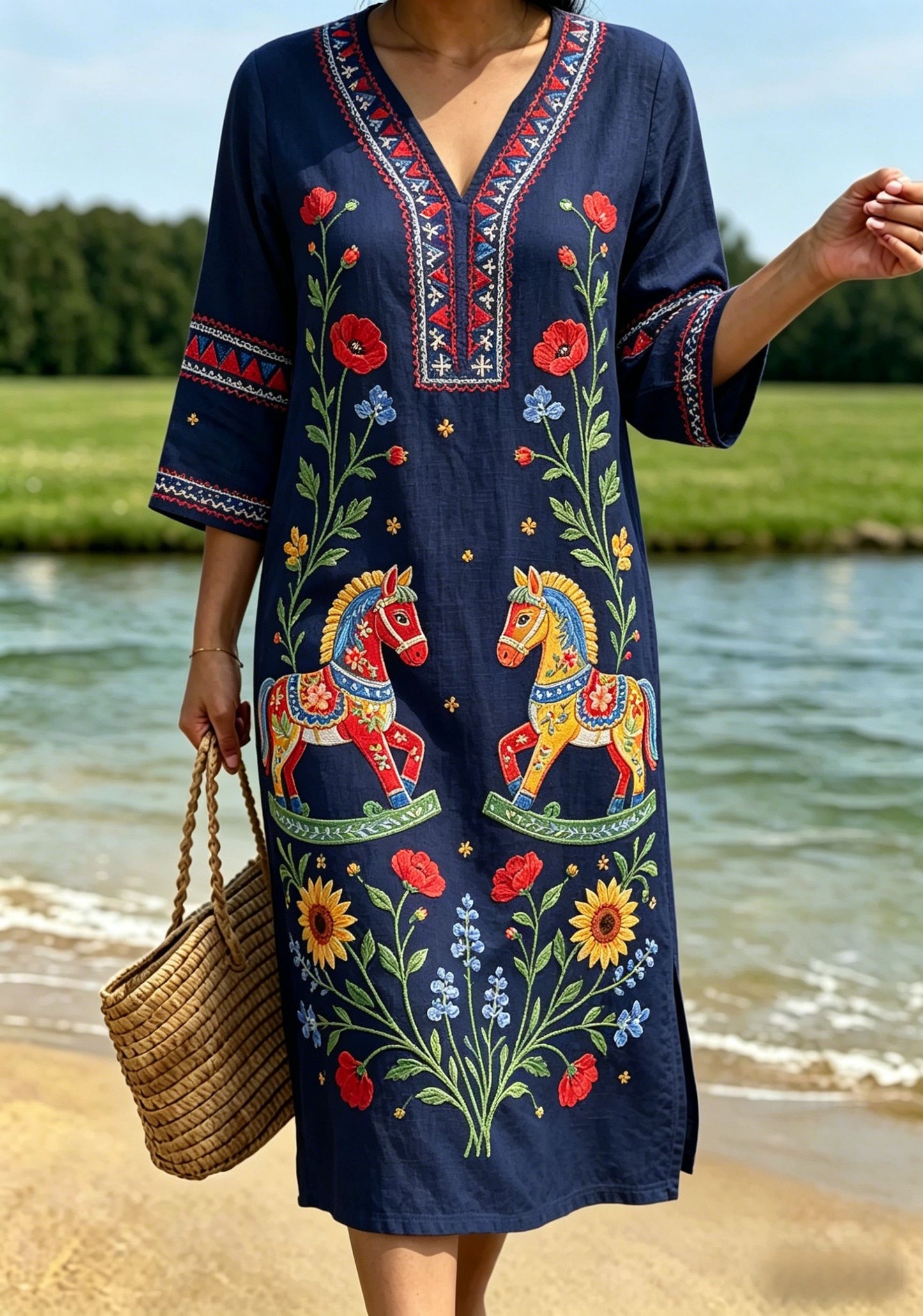 Dams retro svensk midsommarfolkstil blommig klänning i bomull-linne