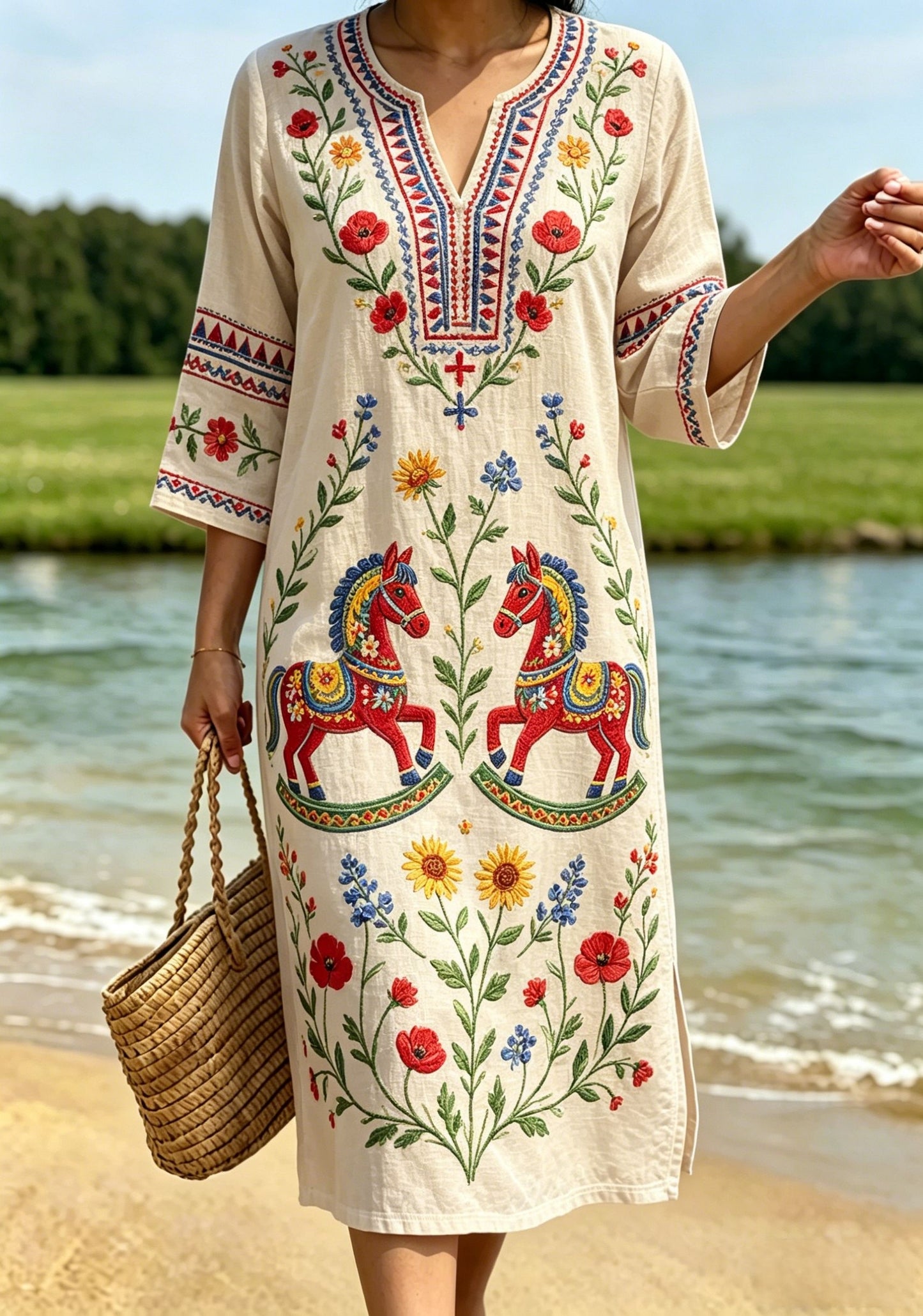 Women's Retro Swedish Midsummer Folk Style Floral Cotton-Linen Dress