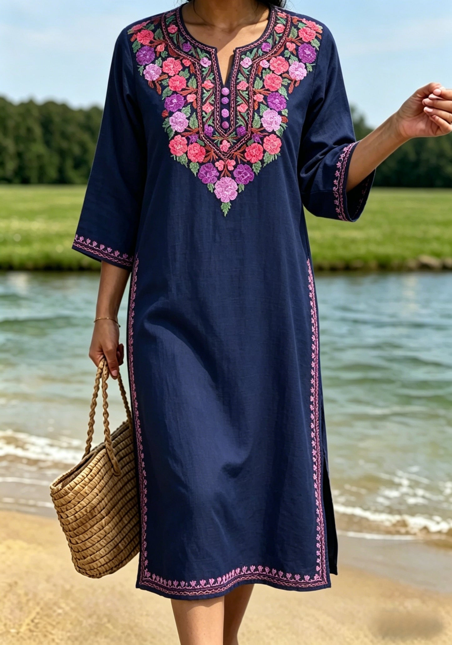 Women's Retro Swedish Midsummer Folk Style Floral Cotton-Linen Dress