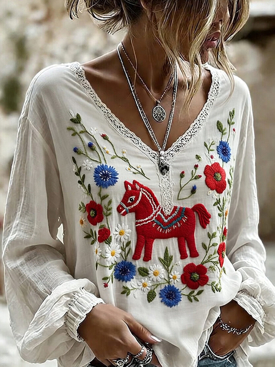 Women's Retro Midsummer Art Print Relaxed V-Neck Comfortable Cotton Linen Top
