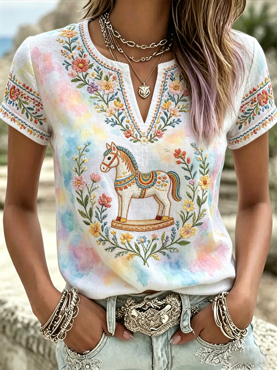 Women's Summer Blouse with Swedish Midsummer Print and V-Neck – Relaxed T-Shirt