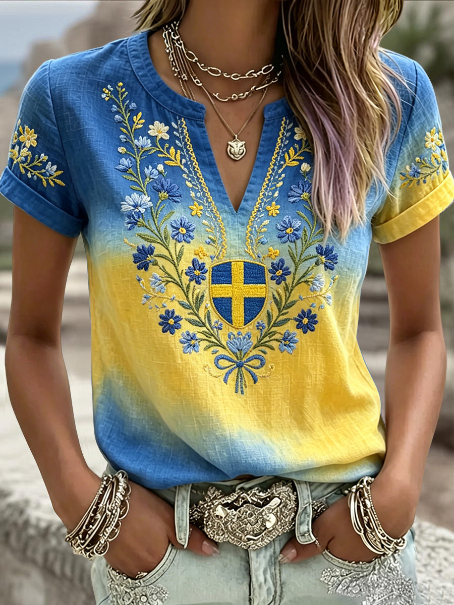 Ladies Retro Swedish Midsummer Floral Graduated Art V-Neck T-Shirt