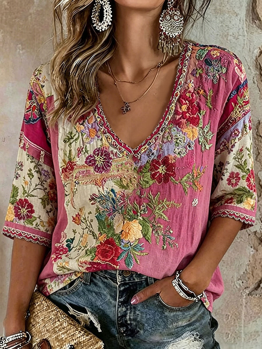Women's pink floral casual t-shirt