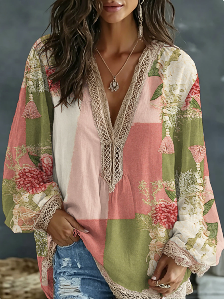 Women's bohemian style shirt with floral embroidery, contrasting colors, linen blend, V-neck and long sleeves