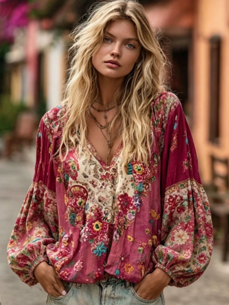 Women's Bohemian Floral Embroidered Colorblock Linen Blend V-Neck Shirt
