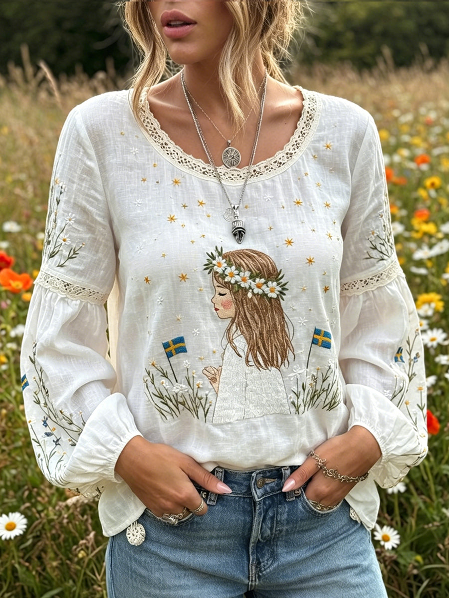 Women's Vintage Midsummer Floral Art Print Casual Cotton Linen Top