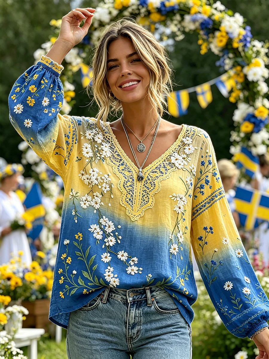 Women's Midsummer Floral Pastoral V-Neck Top