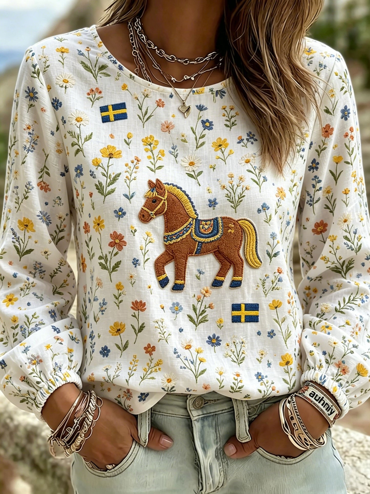 Women's retro Swedish midsummer folk style cotton-linen floral print blouse