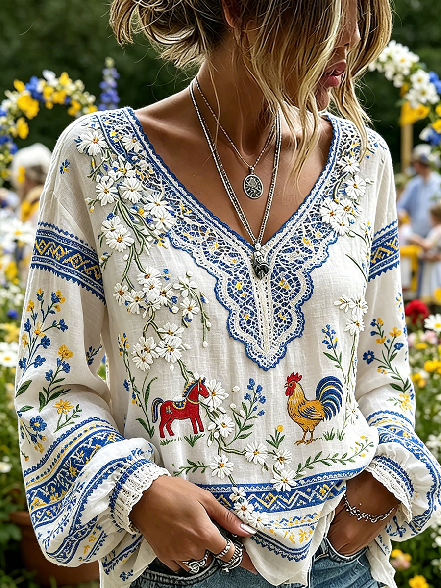 Women's Midsummer Floral V-Neck Pastoral Top