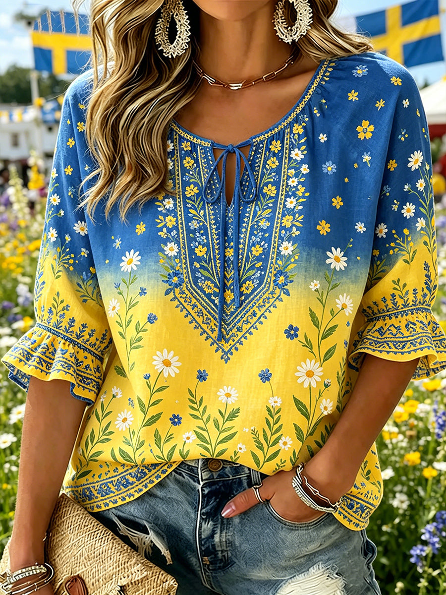 Women's Midsummer Floral Pastoral V-Neck Top